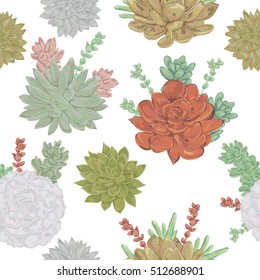 Seamless pattern with succulents set. Collection decorative floral design elements for wedding invitations and birthday cards. Vintage hand drawn vector illustration in watercolor style.