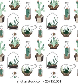 Seamless pattern with succulents in terrarium. 