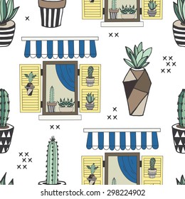 Seamless pattern with succulents in terrarium on window.