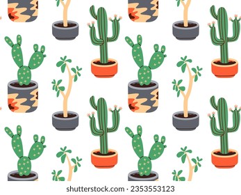 Seamless pattern of Succulents of various shapes, Potted plants, Cactus potted. Blooming cacti, popular house plants.