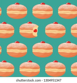 Seamless pattern with sufganiyah donuts (doughnuts) with powdered sugar topping, one donut with missing bite and jam filling. Israel pastry. Traditional Hanukkah dish. Vector illustration.