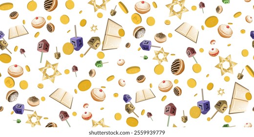 Seamless pattern with sufganiyot donuts, star of David, dreidels and gold coins. Traditional symbol of Israel isolated on white background. Hanukkah background. Vector illustration