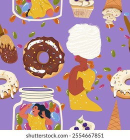 Seamless pattern, sugar addiction, desserts, sweets, hand drawn, vector.