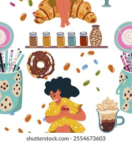 Seamless pattern, sugar addiction, desserts, sweets, girl, woman character, hand drawn, vector.