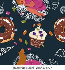 Seamless pattern, sugar addiction, desserts, sweets, girl, woman character, hand drawn, vector.