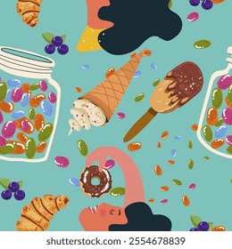 Seamless pattern, sugar addiction, desserts, sweets, girl, woman character, hand drawn, vector.