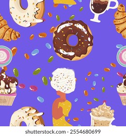 Seamless pattern, sugar addiction, desserts, sweets, hand drawn, vector.