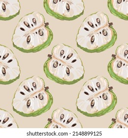 Seamless pattern with sugar apple. Half of fruit with seeds. Wallpaper, print, background, wrapping paper. Vector illustration.