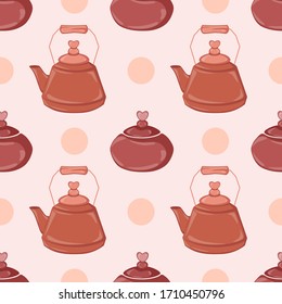 Seamless pattern with sugar bowl and teapot. Pattern with red sugar jars and peach teapots on pink background. 