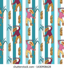 Seamless pattern with sugar cane collector against lined background