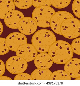 Seamless pattern sugar Chocolate chip cookie, Freshly golden toasted baked cookies. Bright colors dark brown background. Vector