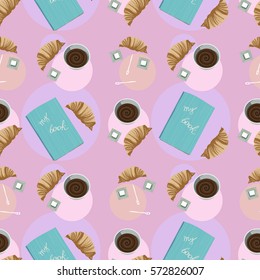 Seamless pattern with sugar, croissant, coffee, spoons and book.