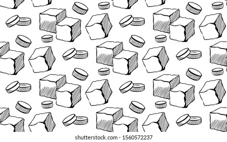 Seamless pattern with sugar cubes and stevia pills. Sweetness and sweetener. Hand drawn background with strokes. Vector sketch texture for wallpapers, backgrounds, menus and your design.