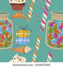 Seamless pattern, sugar, desserts, sweets, sweet rope, lollipop, marshmallow, twisted, hand drawn, vector.