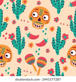 seamless pattern Sugar scary skull dia de los muertos. Mexican festival vector elements