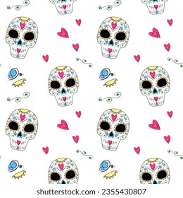 Seamless pattern of Sugar Skull, abstract flowers, hearts and butterfly. Dia de los muertos. Mexico