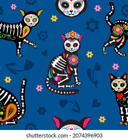 Seamless pattern with sugar skull Calavera black cats in Mexican style for the holiday of Day of the Dead, Dia de Muertos and Halloween. Cats and colorful decorative flowers on a black background.