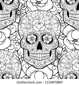 seamless pattern with a sugar skull, coloring page