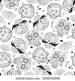 Seamless pattern with sugar skull decorated by design elements on white background. Mexican national holiday Day of the dead. Festive template for Dia de los muertos. Halloween Happy holiday. Vector