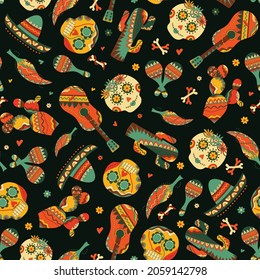 Seamless pattern with sugar skull decorated by design elements and colorful floral ornament. Mexican national holiday Day of the dead. Festive template for Dia de los muertos. Vector illustration