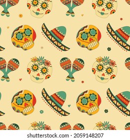 Seamless pattern with sugar skull decorated by design elements and colorful floral ornament on a light background. Mexican national holiday Day of the dead. Festive template for Dia de los muertos