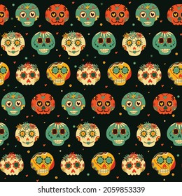 Seamless pattern with sugar skull decorated by design elements and colorful floral ornament. Mexican national holiday Day of the dead. Festive template for Dia de los muertos. Vector illustration