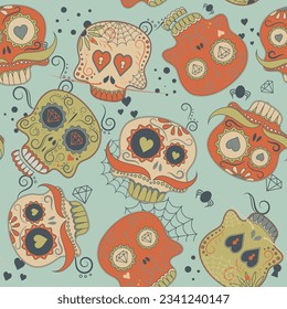 Seamless pattern with sugar skull decorated by design elements and colorful floral ornament. Mexican national holiday Day of the dead. Festive template for Dia de los muertos. Vector illustration