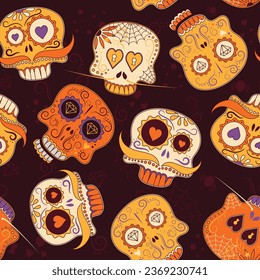Seamless pattern with sugar skull decorated by design elements and colorful floral ornament. Mexican national holiday Day of the dead. Festive template for Dia de los muertos. Vector illustration