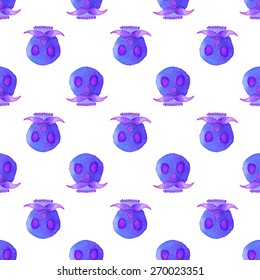 Seamless pattern with sugar skull. Hand-drawn background. Vector illustration. Real watercolor drawing. Day of the dead