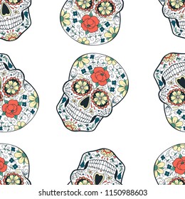 seamless pattern with sugar skull on white