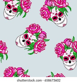 Seamless pattern with sugar skull and pink roses. Day of the dead (Dia de los muertos).  Vector.