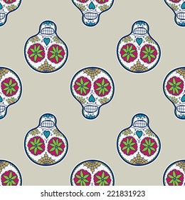 Seamless pattern with sugar skull. Vector illustration. Hand-drawn background.  Haloween or Day of the Dead.