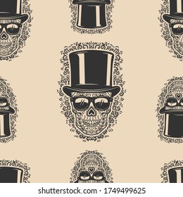 Seamless pattern with sugar skulls. Design element for poster, card, banner, t shirt. Vector illustration