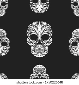 Seamless pattern with sugar skulls. Design element for poster, card, banner, t shirt. Vector illustration