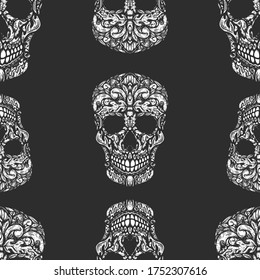 Seamless pattern with sugar skulls. Design element for poster, card, banner, t shirt. Vector illustration