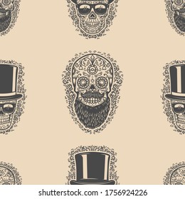 Seamless pattern with sugar skulls. Design element for poster, card, banner, t shirt. Vector illustration