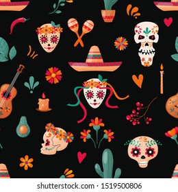 Seamless pattern with sugar skulls, floral and fruits decoration on the dark background. Mexican holidays.