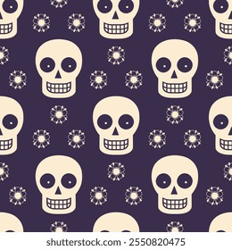 Seamless pattern with sugar skulls and flowers on dark background. Day of the Dead holiday background. Illustration