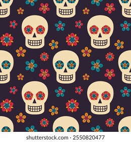 Seamless pattern with sugar skulls and flowers on dark background. Day of the Dead holiday background. Illustration