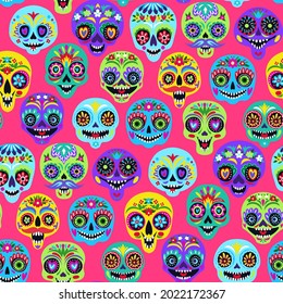 Seamless pattern with sugar skulls for holiday home decoration. Day of the dead