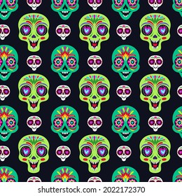 Patrón sin foco con calaveras de azúcar para la decoración de las casas de vacaciones. Día de los muertos