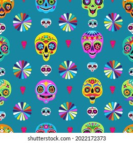 Seamless pattern with sugar skulls for holiday home decoration. Day of the dead