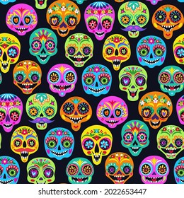 Seamless pattern with sugar skulls for holiday home decoration. Day of the dead