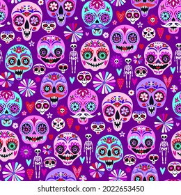 Seamless pattern with sugar skulls for holiday home decoration. Day of the dead