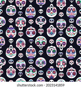 Seamless pattern with sugar skulls for holiday home decoration. Day of the dead