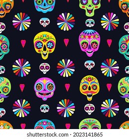 Seamless pattern with sugar skulls for holiday home decoration. Day of the dead