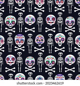 Seamless pattern with sugar skulls for holiday home decoration. Day of the dead