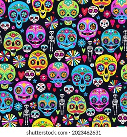 Seamless pattern with sugar skulls for holiday home decoration. Day of the dead