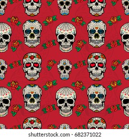 Seamless pattern with sugar skulls isolated on white background. Vector illustration