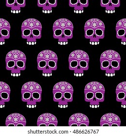 seamless pattern sugar skulls on a black background. Pattern in style Day of the Dead (Dia de Muertos)